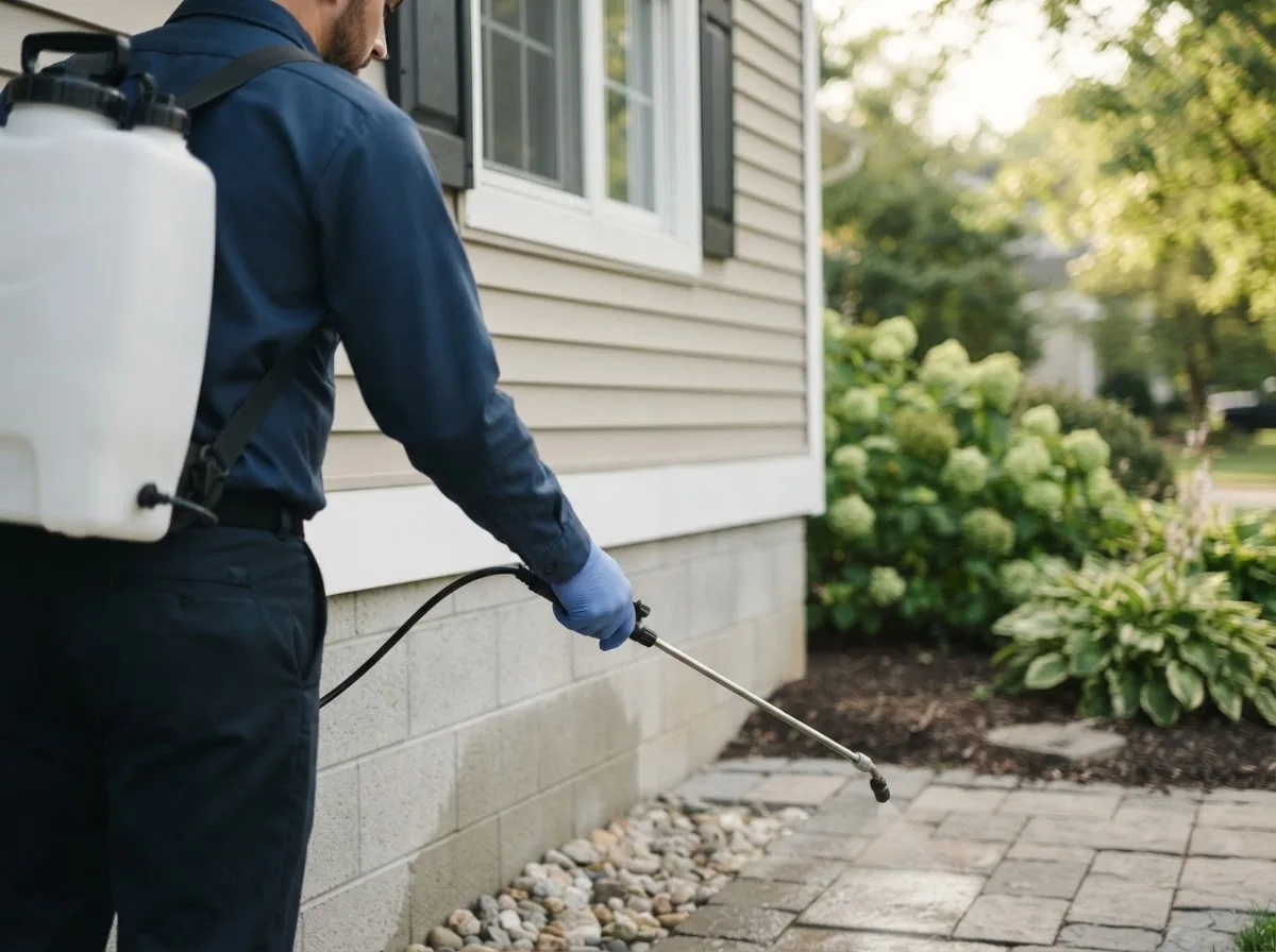 Pest control technician inspecting a home in Kirkville, NY